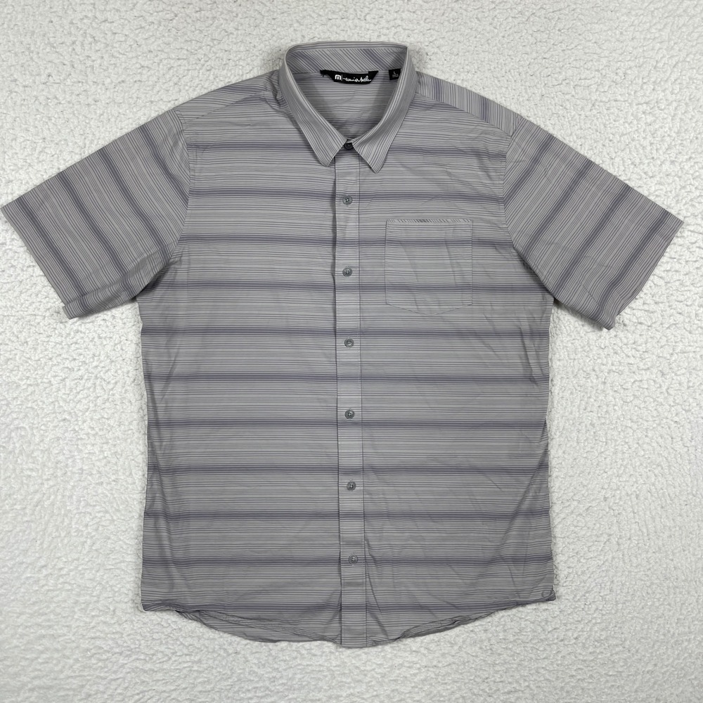 Travis Mathew Button Down Shirt Mens Large Grey Striped Short Sleeve Golf Casual